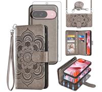 Asuwish Étui de téléphone pour Google Pixel 9/9 Pro 5G - Fermeture éclair, magnétique et amovible - Avec protection d'écran en verre trempé - Bandoulière - Porte-cartes à fleurs Pixel9 9Pro Nine