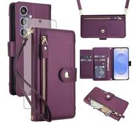 Asuwish Étui de téléphone pour Samsung Galaxy S25 FE 5G - Étui portefeuille à fermeture éclair avec protecteur d'écran en verre trempé et dragonne à bandoulière, porte-cartes de crédit S 25 EF S25FE