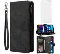 Asuwish Étui portefeuille compatible avec Alcatel TCL A3X A600DL et protecteur d'écran en verre trempé - Étui à rabat en cuir avec porte-cartes - Accessoires portables pour TCLA3X TLC AX3 600DL - Noir