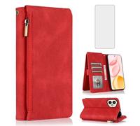 Asuwish Étui portefeuille en verre trempé pour Honor 400 5G 6,55 pouces avec fermeture éclair rétro en cuir avec porte-cartes et accessoires pour Honor400 DNY-NX9 pour homme et femme, rouge