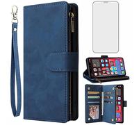 Asuwish Étui portefeuille en verre trempé pour iPhone 12 Mini 5.4 avec protection d'écran et rabat pour cartes, accessoires de téléphone pour iPhone 12 Mini 5G i 12S iPhone 12 12mini Unisexe Bleu