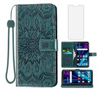 Asuwish TCLA3X Étui portefeuille pour Alcatel TCL A3X A600DL avec protecteur d'écran en verre trempé et cuir de tournesol - Étui fin à rabat avec porte-cartes et support - Accessoires cellulaires - Pour homme et femme - Vert foncé