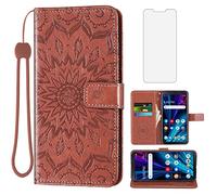 Asuwish TCLA3X Étui portefeuille pour Alcatel TCL A3X A600DL avec protecteur d'écran en verre trempé et cuir de tournesol fin à rabat avec porte-cartes et support pour accessoires cellulaires pour femme et homme Marron