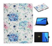 Aswant Coque Huawei Mediapad M5 Lite 10 Etui Ultra-Mince en Cuir PU Portefeuille Folio Flip Cover Fonction de Veille/Réveil Auto Smart Case Housse pour Huawei M5 Lite 10,1 Pouces 2018 Fleur Bleue