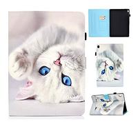 Aswant Coque pour Lenovo Tab M10 10.1 Pouces Housse PU Cuir & TPU Silicone Cover Wallet Fonction Stand Tablette Housse pour Lenovo Tab M10 HD 10.1 Pouces TB-X505L TB-X505F TB-X605L TB-X605F Chat Blanc