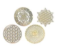 Asyduey 4 PièCes GéOméTrie SacréE Art Mural Fleur de Vie Grille en Bois DéCor D'Accent en Bois Cristal Grille Planche en Bois Sculpture Murale