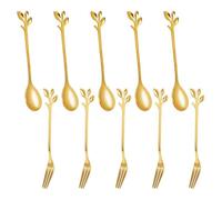 Asyduey 5 CuillèRe + 5Forks en Acier Inoxydable Feuille Café Gâteau CuillèRe Fourchette CuillèRes à Dessert, en Remuant CuillèRe à Café Ensemble Doré