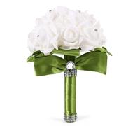 Asyduey Belle Bouquet de Mariage de Mariee Demoiselle d'honneur Fleur Bouquet de Mariage Fleur Artificielle Bouquet de Roses Bouquets de Mariee Blanches- Vert