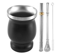 Asyduey Ensemble de Tasses à Thé Yerba Mate Gourd en Acier Inoxydable à Double Paroi Tasse à Eau de Café avec 2 CuillèRes à Pailles Bombillas et Brosse Propre 8Oz Noir