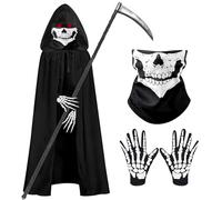 AsyinXson Costume d'halloween pour Enfants, Costume de Faucheuse d'halloween, avec Masque Squelette et Gants Squelette, Faucille, pour Halloween, Jeux de Rôle de Carnaval, Fêtes Costumées (5-7)