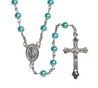 AT001 Chapelet pour Homme ou Femme Religieux et catholique, Aqua avec étui à Fermeture éclair Blanc, matériau : Perle de 6 mm, Dimensions du boîtier : 3 1/4 x 2 1/4 po H, Chapelet : 20-20 1/2 po L