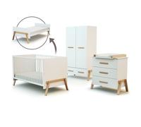 AT4 - Chambre bébé lit, commode à langer 3 Tiroirs + armoire en bois Blanc et Hêtre Verni -