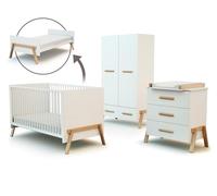 AT4 - Chambre bébé lit, commode à langer 3 Tiroirs + armoire en bois | Lit évolutif 70x140 | Armoire 6 étagères, dont 4 réglables, d'une penderie et d'un tiroir