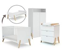 AT4 - Chambre bébé lit évolutif 70 x 140, commode à langer et armoire en bois PIRATE Blanc et Hêtre Verni | Armoire 6 étagères dont 4 réglables et une penderie | Plan à langer inclus
