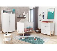 AT4 - Chambre enfant lit + commode 3 tiroirs et armoire en bois PIRATE | Lit bébé 60x120 |Armoire 6 étagères dont 4 réglables et une penderie | Plan à langer inclus