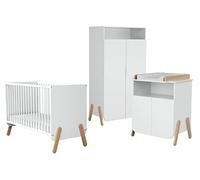 AT4 - Chambre PIRATE Blanc et Hêtre Verni | Lit bébé 60x120 | Armoire 6 étagères dont 4 réglables et une penderie | Plan à langer inclus