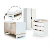 AT4 - Grande Chambre CARROUSEL Blanc et Hêtre Verni | Lit évolutif 70x140 en lit junior| 2 portes avec penderie et 7 tablettes de rangement | Commode avec plan à langer