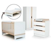 AT4 - Grande Chambre CARROUSEL Blanc et Hêtre Verni | Lit évolutif 70x140 en lit junior| 2 portes avec penderie et 7 tablettes de rangement | Commode avec plan à langer
