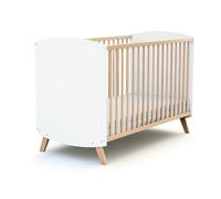 AT4 - Lit bébé en bois 60 x 120 cm SCANDINAVE Blanc et Hêtre| en Bois | Dès la naissance | Confort de sommeil | Sommier à lattes | Lit à barreaux |Sommier réglable 3 hauteurs