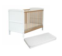WEBABY - Lit bébé évolutif en bois avec matelas ESSENTIEL Blanc et Hêtre Verni 60 x 120 cm