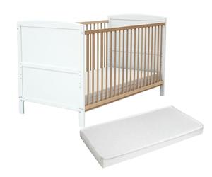 AT4 - Lit bébé évolutif avec matelas ESSENTIEL en bois 70 x 140 cm | 144 x 74 x 86,5 cm | Matelas 70x140 cm inclus | Sommier réglable 3 hauteurs (Blanc et Hêtre verni)