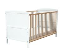 AT4 - Lit bébé évolutif en bois 70 x 140 ESSENTIEL Blanc et Hêtre Verni| 144 x 74 x 86,5 cm | Sommier à lattes réglable 3 hauteurs | Transformable en lit junior