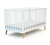 AT4 - Lit bébé évolutif en bois KASA Blanc 70 x 140 cm | 146 x 74,5 x 83 cm | Sommier réglable 3 hauteurs | Échelle amovible | Transformable en lit junior