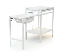 AT4 - Table à Langer avec Baignoire ESSENTIEL Blanc | Dimensions dépliée (L x l x H) : 148 x 58 x 94 cm | Dimensions pliée (L x l x H) : 76 x 58 x 94 cm | Table avec roulettes | Avec tuyau de vidange