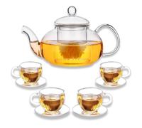 Atarvana Ensemble de 4 théières en verre avec infuseur amovible, bouilloire en verre de 600 ml avec infuseur à thé en vrac, tasse à thé et soucoupe 100 ml