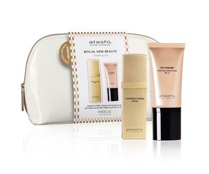 Atashi | Rituel Nouvelle Beauté | Sérum Anti-Âge L’Essenza Eterna + DD Crème Teinte Moyenne + Trousse en Cuir Verni Blanc Offerte | Rajeunit, Protège et Perfectionne votre Peau | 30 ml + 50 ml