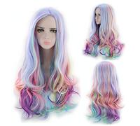 ATAYOU Perruque Longue Arc en ciel, Multi-colored Wave Curly Halloween Carnival Cosplay Perruque pour femme Costume + Capuchon de perruque