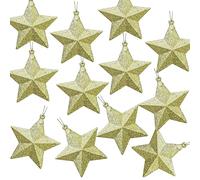 ATB-Foger Lot de 12 décorations de Noël en forme d'étoile dorée avec cordons pour décoration d'arbre, cheminée, fenêtre, Avent, décoration de table 6 cm