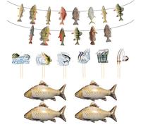 ATBUSS 1Pcs Drapeau sur Le Thème De La Pêche, 4 Ballons en Forme De Poisson Et 12 Affiches De Pêche, Ensemble De Décoration d'anniversaire pour Enfants, Forme De Dessin Animé Drôle.