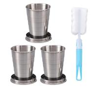 ATBUSS 3 Pièces De Gobelets Pliants en Acier Inoxydable, 1 Morceau De Brosse De Nettoyage en Éponge Bleue, Verres À Vin De Voyage en Plein Air, Gobelets De Camping Portables avec Crochets.