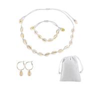 ATBUSS Lot de 4 boucles d'oreilles collier bracelet coquillage avec poche à cordon, tour de cou tour de cou, réglable, bijoux coquillage, accessoires de plage d'été pour femme