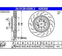ATE Disque de frein 24.0128-0208.2 Avant ventilé Ø345 mm Haute teneur en carbone Gauche BMW