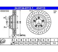 Disque de frein ATE 24.0134-0113.1 avant, ventilé, à haute teneur en carbone, 1 pièce