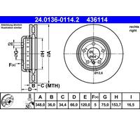 ATE Disque de frein 24.0136-0114.2 avant, ventilé, à haute teneur en carbone — 1 pièce
