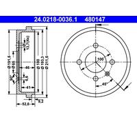ATE Tambour de frein 24.0218-0036.1 pour VW Lupo I Arrière Ø100 mm