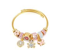 ATE Bracelet à Charms en Acier Inoxydable Plaqué Or Bracelet Ouvert avec Perles et Charms Style Vif B212-5 (Ourson)