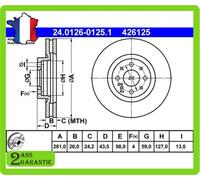 Disque de frein ATE 24.0126-0125.1 avant, ventilé, 1 pièce