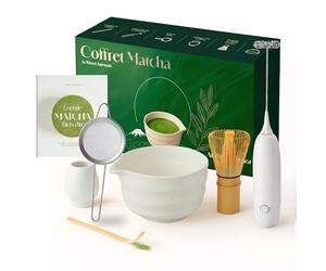 atelier armonea Matcha Kit, Complet 7 Pieces, Fouet Bambou, Bol à Bec Verseur, Tamis, Baguette Japonaise, mousseur Electrique, Support, Ebook Offert, Ensemble Coffret Ceremonie, Idée Cadeau Premium