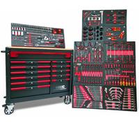 DeTec. Servante d'atelier équipée d'outils | 12 tiroirs 11 remplis | Chariot à outils voiture avec plan de travail en bois | Boîte à outils remplie avec inserts aspect carbone | Verrouillable et frein