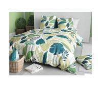 atelier du coton Parure de Lit Motif Feuilles Tropicales, Housse de Couette 220x240 cm avec 2 Taies d'oreiller, Blanc/Vert/Turquoise
