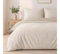 Atelier du Linge Parure Housse de Couette 3 pcs 260x240 cm avec 2 Taies d'oreiller 63x63 cm - Mini Seersucker Motif Rayure Beige Revers Uni - MILLERAY