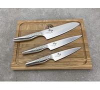 Atelier Palatina Ensemble de couteaux Kai Seki Magoroku Shoso | 1 Santoku + 2 x couteau universel + planche en chêne 30x22 cm prix public : 199, - €