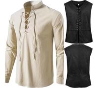 ATEUXOL Costume Vintage pour Hommes Ensemble 2 pièces for homme : gilet, chemise à manches longues, costume, lacets(Black,3XL)