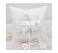 ATEUXOL Coussin D’alliances Coussin de Bague Mariage Romantique avec Double nœud et Perles en Ruban, Coussin Poche for cérémonie, Porteur Rubans décoratifs(B 15x15cm)