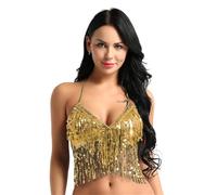 ATEUXOL Haut de Danseuse du Ventre Costumes de Danse du Ventre for Femmes, Haut Soutien-Gorge avec Paillettes, Pompon, col Licou et Cravate dans Le Dos, Costume fête Latine, Tenue Club(Gold)