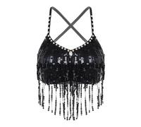 ATEUXOL Haut de Danseuse du Ventre Débardeur de Danse du Ventre à Paillettes Brillantes for Femmes, Haut Court Franges avec Strass, col en V, sans Manches, Spectacle sur scène(Black,M)